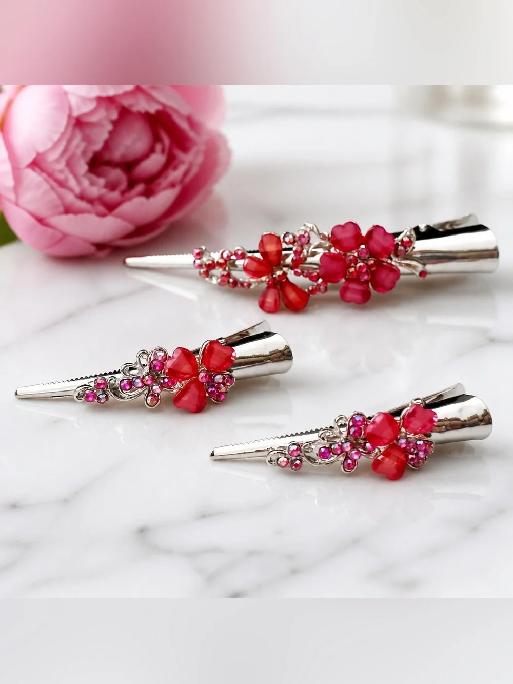 Raspberry Color Crystal Alligator Hair Clamps - Set of 3